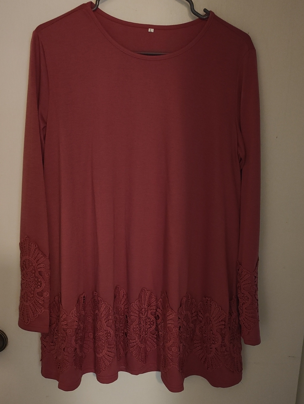 Long Sleeve Crochet Hem Women’s Top, Tunic - Rose